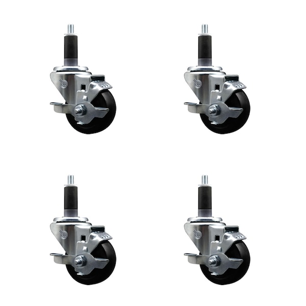 3'' SS Hard Rubber Swivel 1-1/8'' Expanding Stem Caster Set with Brake, 4PK